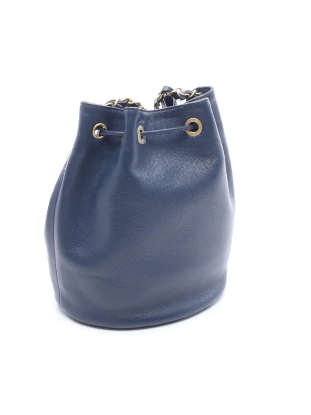 Chanel Shoulder Bag Deauville Navy Leather Logo Studs Drawstring